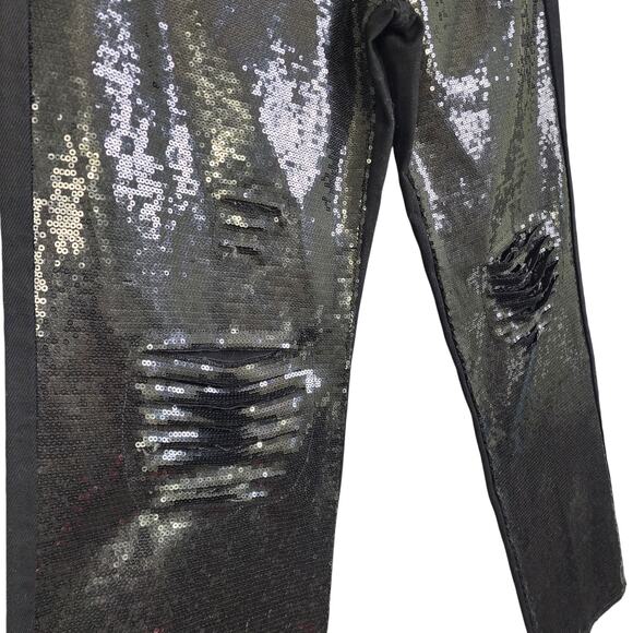 Express Womens High Waisted Sequin Front Ripped Raw Hem Straight Ankle Jeans 4R - Picture 4 of 13